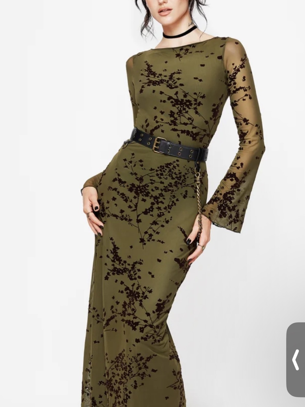 Disturbia Olive & Black Floral Mesh Maxi Dress